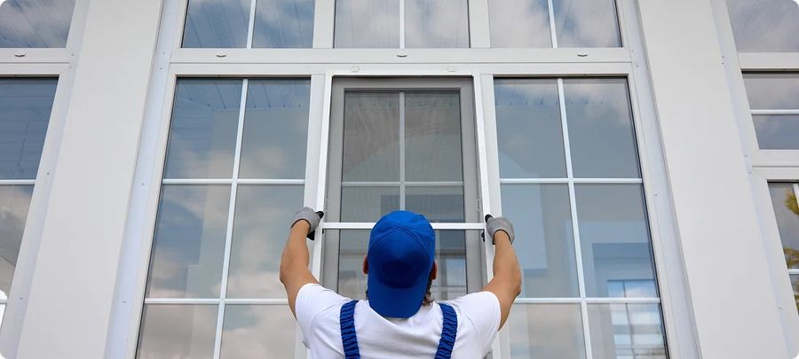 Contractor installing an impact window on a home exterior