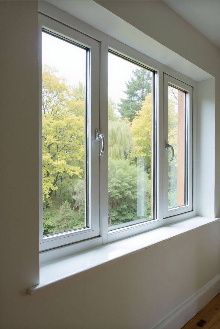 Three-panel white vinyl window newly installed in a freshly painted room