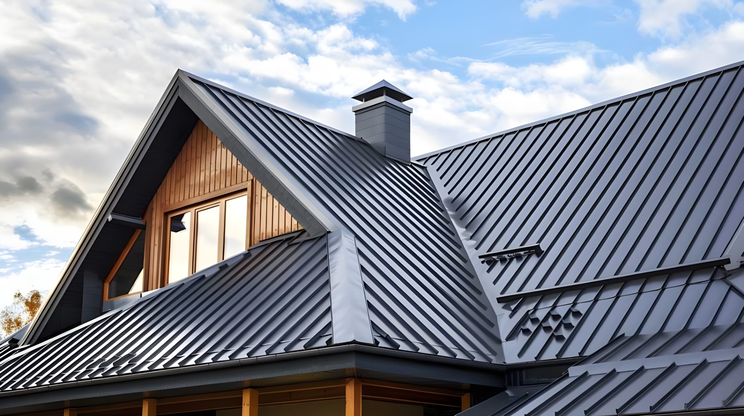Dark standing-seam metal roof with a dormer