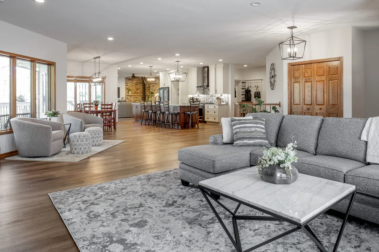 Open-plan living and dining room after a whole-floor remodel